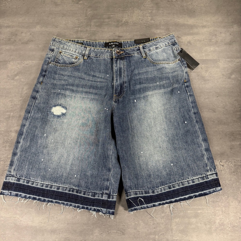 Akoo Light Blue Distressed Denim Shorts with Frayed Hem